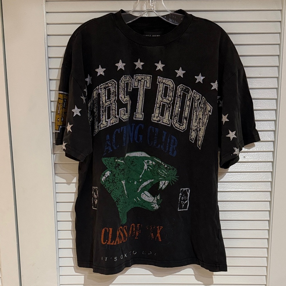 First Row Acting Club Black Graphic T-Shirt with Panther Design